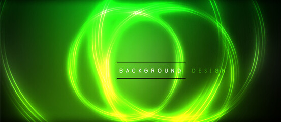 Neon glowing circle rays, light round lines in the dark, planet style neon wave lines. Energetic electric concept design for wallpaper, banner, background