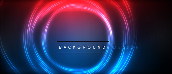 Neon glowing circle rays, light round lines in the dark, planet style neon wave lines. Energetic electric concept design for wallpaper, banner, background