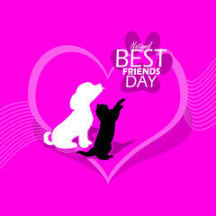 National Best Friends Day event banner. A dog who is best friends with a cat with a heart and paw on pink background to celebrate on June 8th