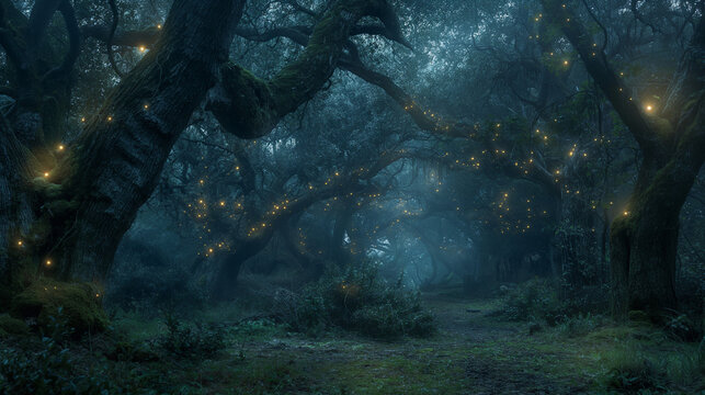 A close up of a forest with many lights on the trees