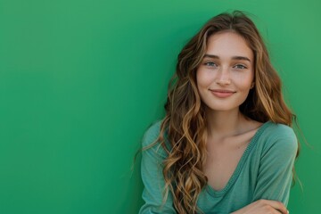 Fototapeta premium Green Color Background. Portrait of Beautiful Cheerful Caucasian Girl with Brown Hair in Casual Attire Folding Arms