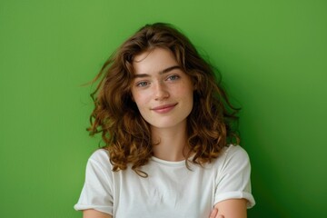 Fototapeta premium Green Color Background. Portrait of Cheerful Beautiful Caucasian Girl with Brown Hair in Casual Attire Folding Arms on Bright Green Background