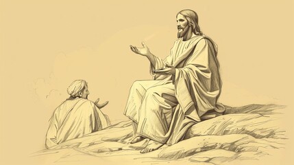 Obraz premium Biblical Illustration of Jesus' Teaching on the Mount of Olives, Ideal for article