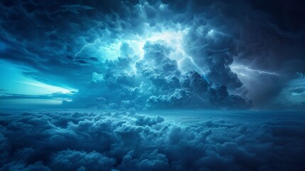 Dramatic thunderstorm clouds with flashes of lightning illuminate the night sky, creating a breathtaking and powerful natural spectacle.