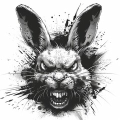 Dynamic black and white illustration of a fierce rabbit with sharp teeth and intense expression, splattered ink background.