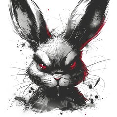 Edgy black and white illustration of an aggressive rabbit with red eyes, perfect for unique artistic and creative projects.