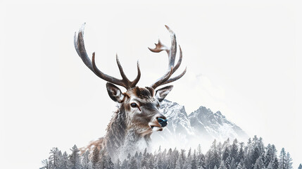 Deer stag with big antlers in snowy mountains. Double exposure.