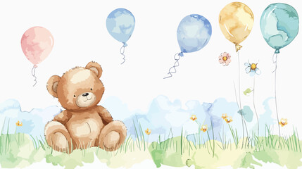 Watercolor illustration Four of Teddy bear and balloon