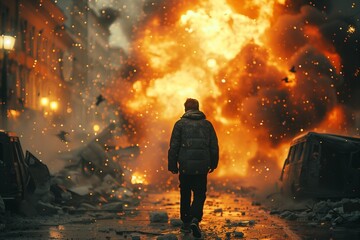 A man on the background of an explosion or a strong fire on a city street.