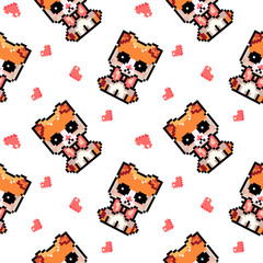 Pattern Pixel ginger cat with bow and hearts, isolated