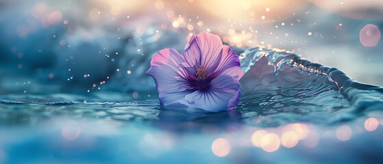 A purple flower is surfing on the sea wave, ultra realistic photography