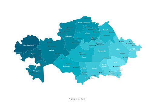 Vector modern isolated illustration. Simplified administrative map of Kazakhstan. Names of capital, cities and regions