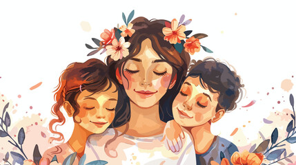 Watercolor illustration Mother and kids with flower white