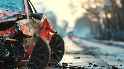 Car Accident Aftermath with Red Vehicle on Split Background &ndash; Generative AI