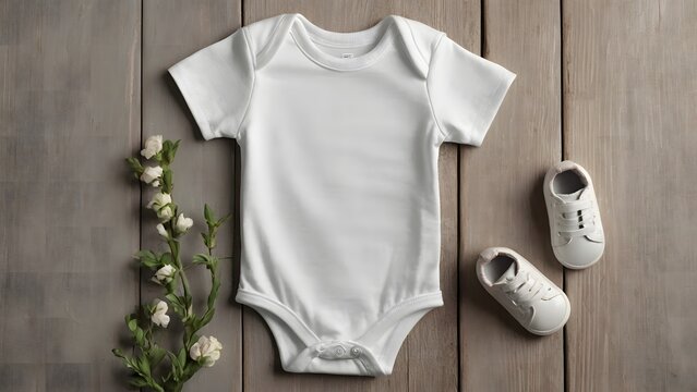 White cotton baby short sleeve bodysuit and eucalyptus branch on wooden background. Blank infant onesie mockup template.
