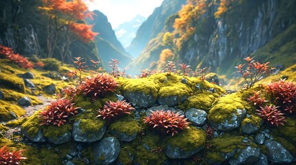 Vibrant Green Moss on Rocks in a Stream with Sunlight Filtering Through. Mountains. Plants. Green. Nature. Landscape. Autumn.