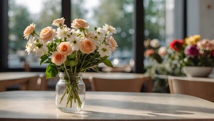 A vibrant bouquet of fresh flowers in vase on a table. Showcasing their beauty and the variety of colors. Elegant floral background.