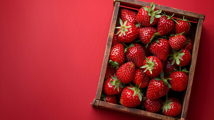 Fresh Strawberries in Wooden Box on Red Background
