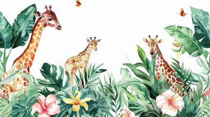 Watercolor Illustration safari animals in garden