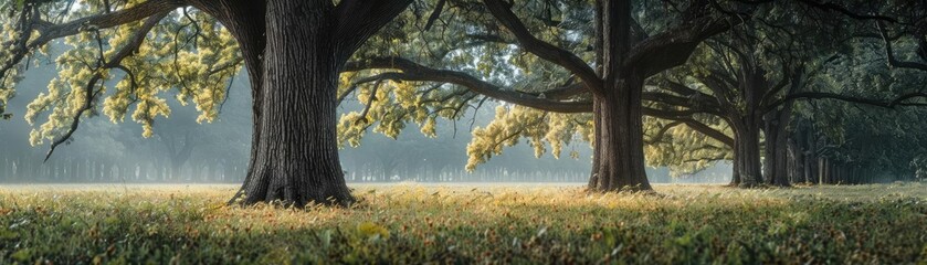 Serene forest landscape with sunlit oak trees casting long shadows on a grassy meadow during sunrise, capturing the tranquility of nature.