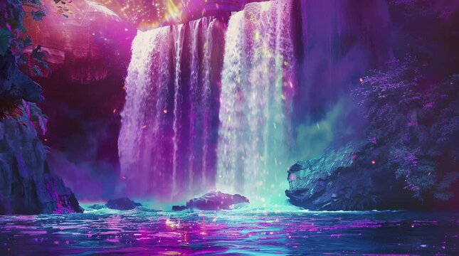 Spectacular colorful waterfall surrounded by lush greenery, a mesmerizing natural wonder.
 Seamless looping 4k time-lapse virtual video animation background. Generated AI