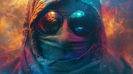 Mysterious person in a hood and sunglasses surrounded by colorful smoke, creating an artistic and enigmatic atmosphere.