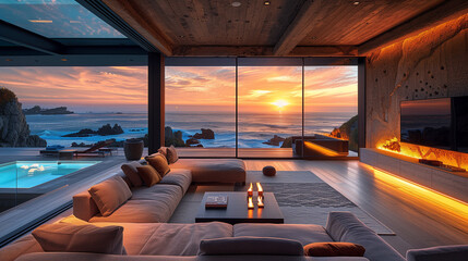 view of the ocean from inside a modern, luxury living room