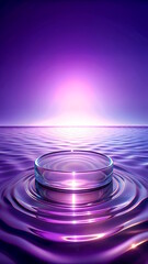 Glass Podium in the water for Advertising Products, Violet color,  light waves around.  Mockup, 3D rendering with copy space