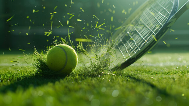 On a green grass tennis court, a close-up of a racket hitting the ball