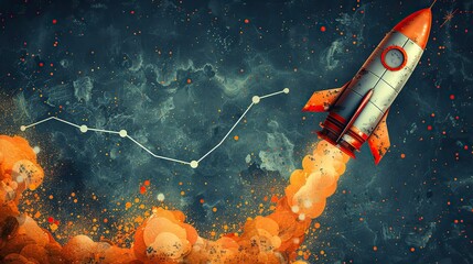 An illustration of a rocket launching with an upward-trending line graph, symbolizing high aspirations. stock image