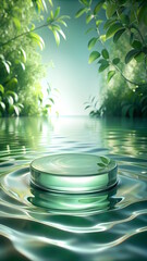 Glass Podium in the water for Advertising Products, Green trees background, light waves around. 3D rendering with copy space