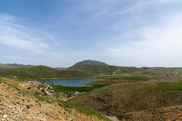 Scenic views of Eğrigöl Lake and Geyik Mount which is on the Söbüçimen Plateau at the foothills of the Geyik Mountains of the Taurus Mountains, on the border of Konya and Antalya.