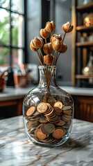 Jar of Coins on a Turquoise Background. Generative-AI