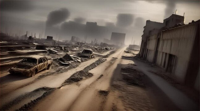 3D illustration of a brutal war scene, destroyed city after war on the battlefield.