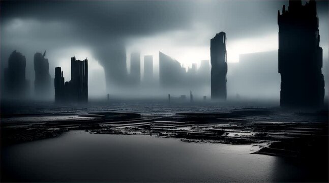 3D illustration of a brutal war scene, destroyed city after war on the battlefield.