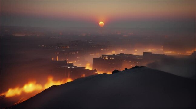 3D illustration of a brutal war scene, destroyed city after war on the battlefield.