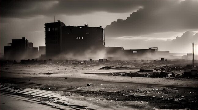 3D illustration of a brutal war scene, destroyed city after war on the battlefield.