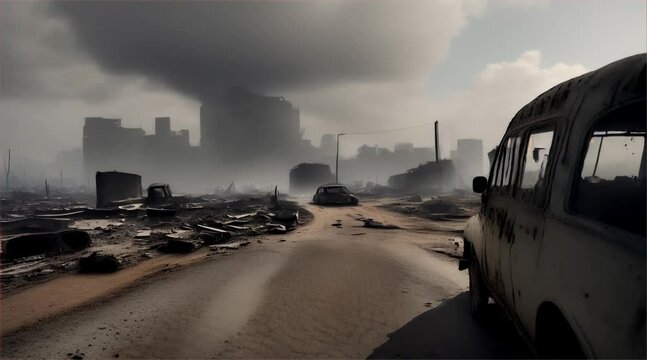 3D illustration of a brutal war scene, destroyed city after war on the battlefield.