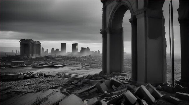 3D illustration of a brutal war scene, destroyed city after war on the battlefield.