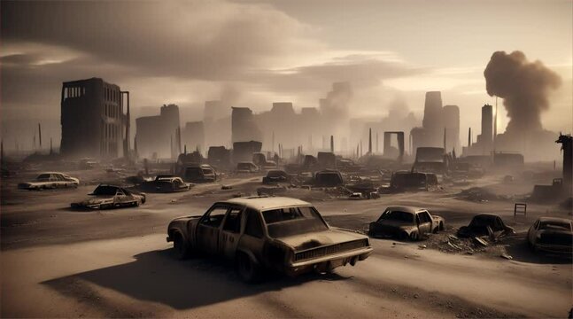 3D illustration of a brutal war scene, destroyed city after war on the battlefield.