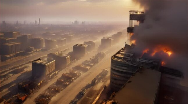 3D illustration of a brutal war scene, destroyed city after war on the battlefield.