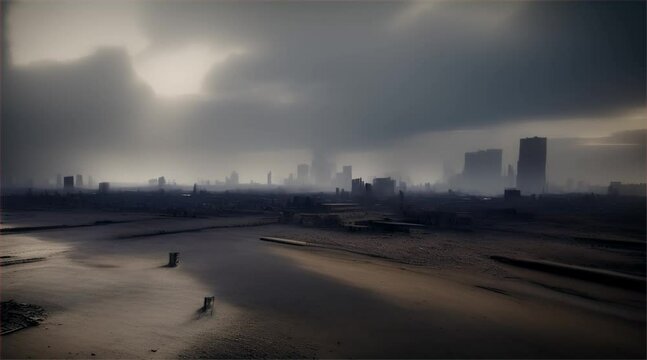 3D illustration of a brutal war scene, destroyed city after war on the battlefield.