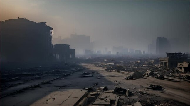 3D illustration of a brutal war scene, destroyed city after war on the battlefield.