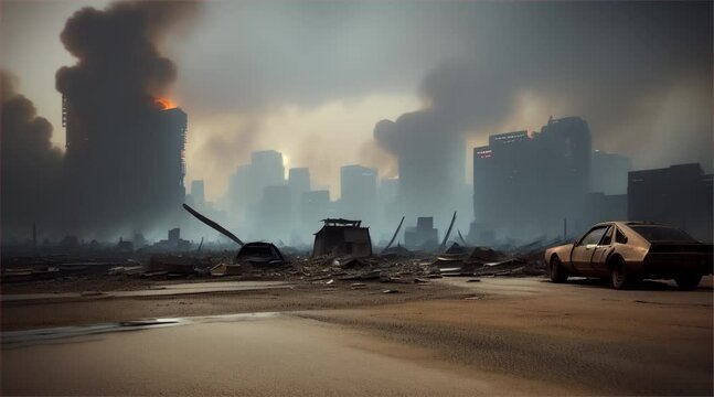 3D illustration of a brutal war scene, destroyed city after war on the battlefield.