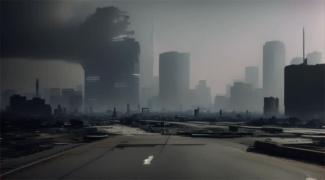 3D illustration of a brutal war scene, destroyed city after war on the battlefield.