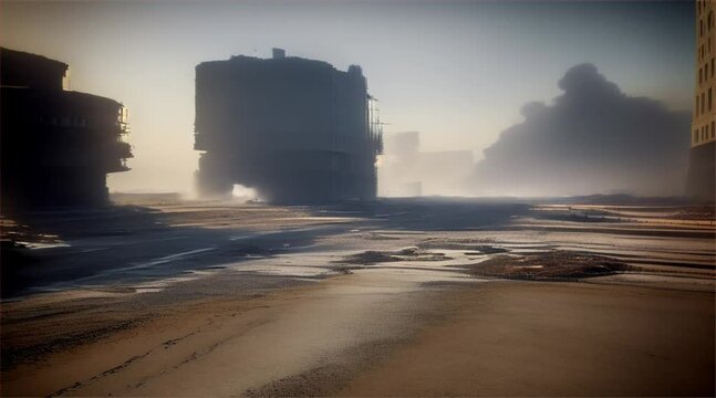 3D illustration of a brutal war scene, destroyed city after war on the battlefield.