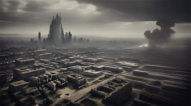 3D illustration of a brutal war scene, destroyed city after war on the battlefield.