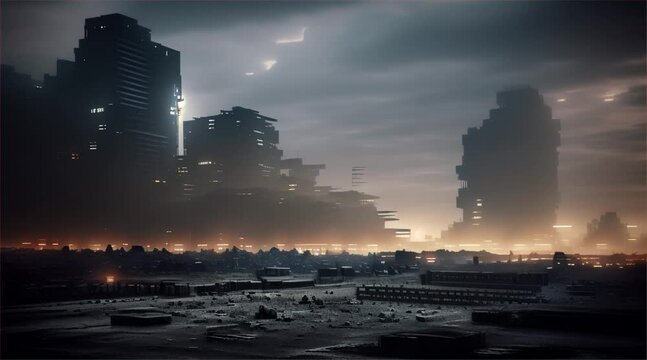 3D illustration of a brutal war scene, destroyed city after war on the battlefield.