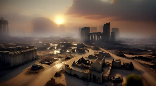 3D illustration of a brutal war scene, destroyed city after war on the battlefield.