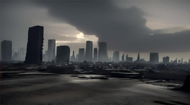 3D illustration of a brutal war scene, destroyed city after war on the battlefield.